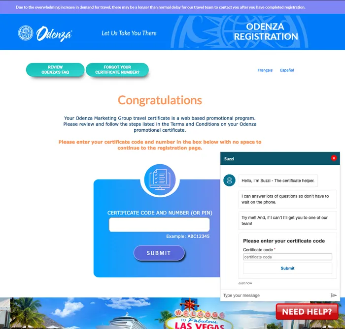 Odenza certificate registration page at vipticketreg.com