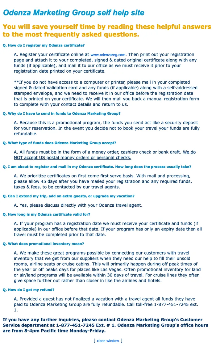 FAQ section on the Odenza certificate registration page