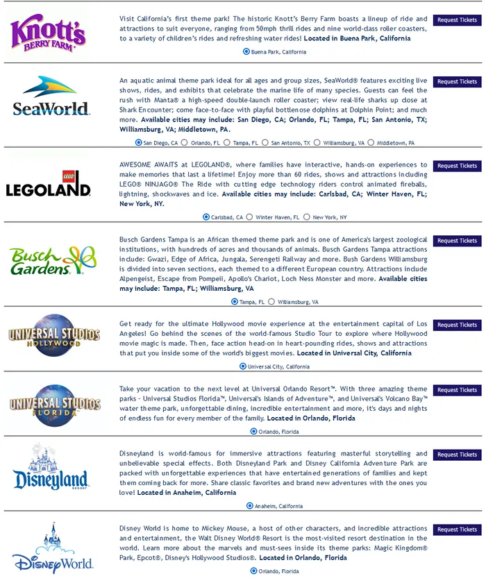 Theme park ticket options on the Odenza VIP Ticket Pro site