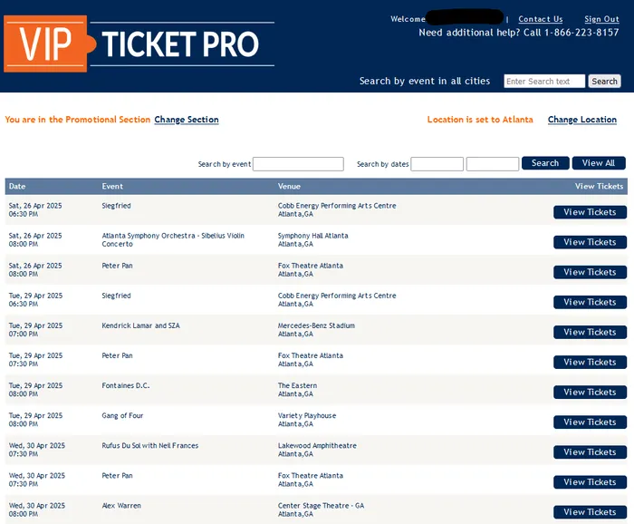 List of available events on vipticketpro.com