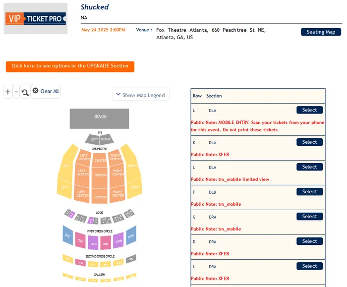 List of available event tickets and prices on Odenza Ticket Pro