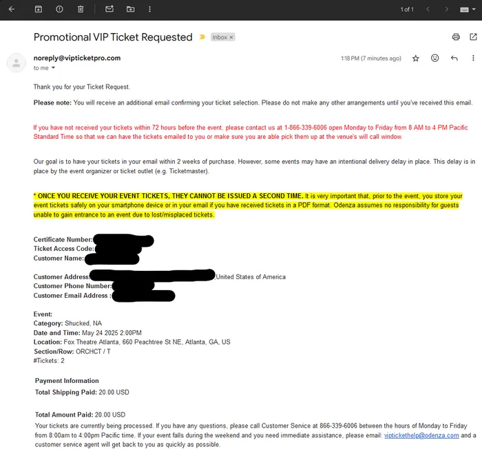 Odenza order confirmation email