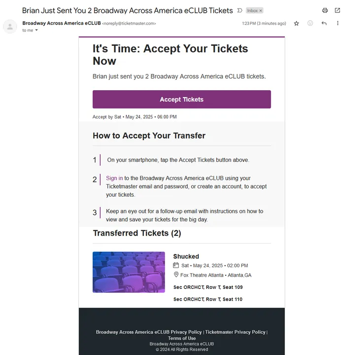 Ticketmaster transfer email for two Shucked tickets at the Fox Theatre Atlanta on May 24, 2025
