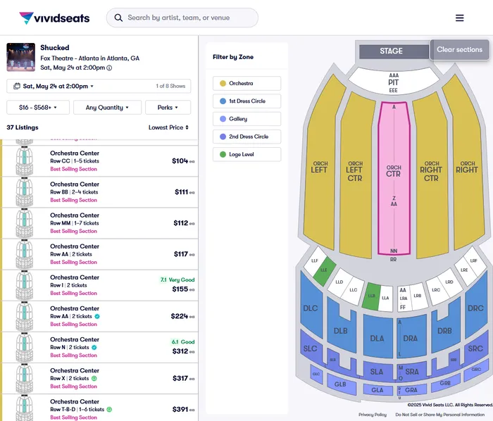 Vivid Seats listings for orchestra center seats to Shucked at the Fox Theatre Atlanta, used to estimate the tickets' value