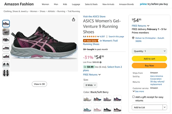 Amazon listing used to request a price match at Shoe Carnival