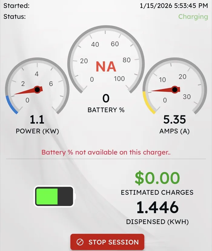 ChargeUp app showing a charging speed of 1.1 kW
