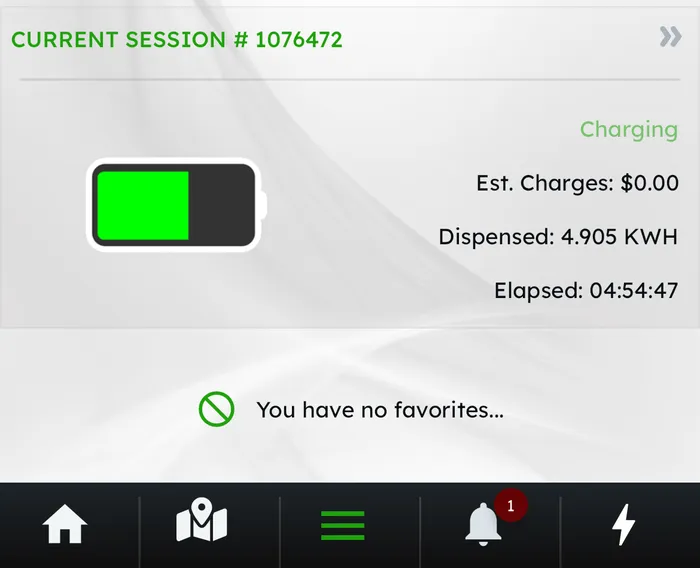 ChargeUp app showing a total of 4.9 kWh delivered after five hours of charging