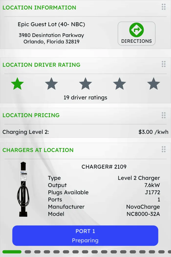 Screenshot of Epic Universe's previous $3 per kWh EV charging price