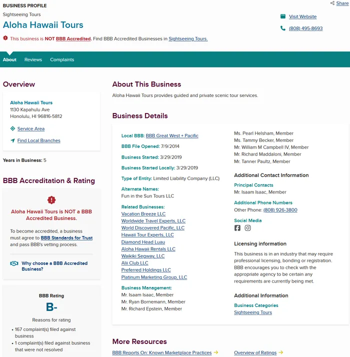 Better Business Bureau profile for Aloha Hawaii Tours showing complaints and a B- rating, as captured in January 2025