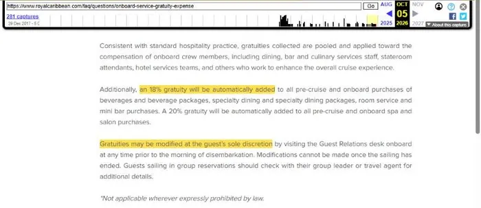 Archived October 5, 2026 copy of Royal Caribbean's gratuity policy saying only that gratuities may be modified