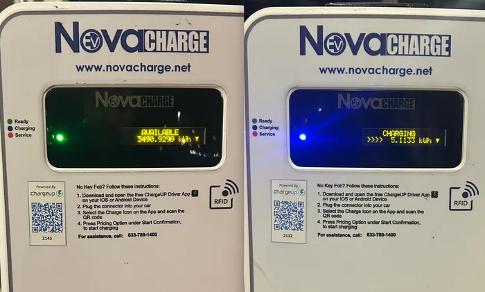 SAE J1772 EV charger with QR code and ChargeUp app instructions