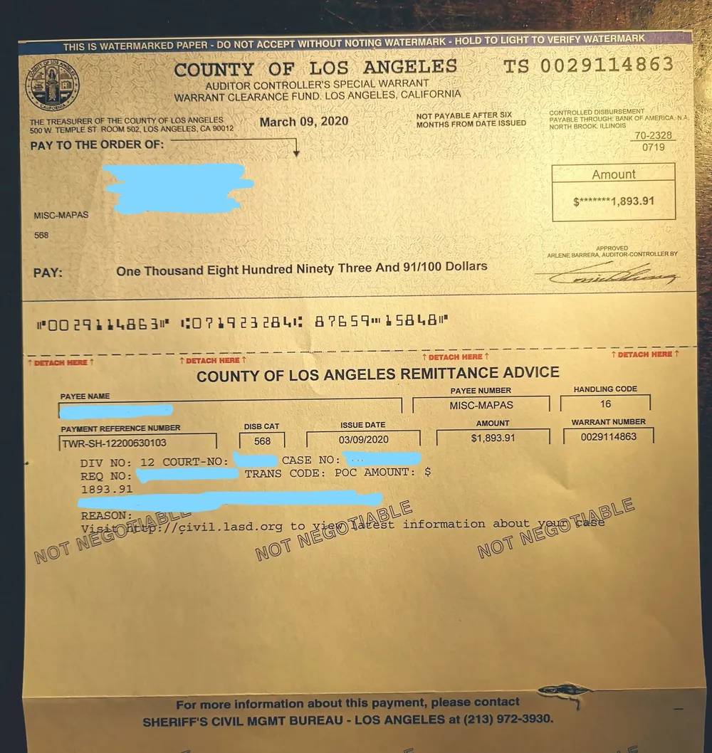 The $1,893.91 check received after the sheriff seized the landlord's bank funds