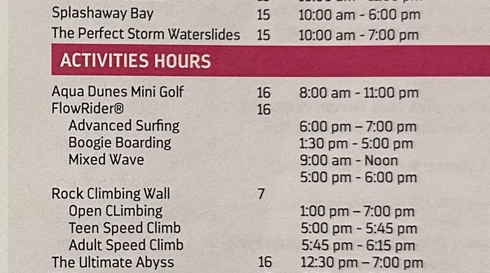 Cruise Compass FlowRider schedule: Mixed Wave 9 AM to noon and 5 to 6 PM, Boogie Boarding 1:30 to 5 PM, Advanced Surfing 6 to 7 PM