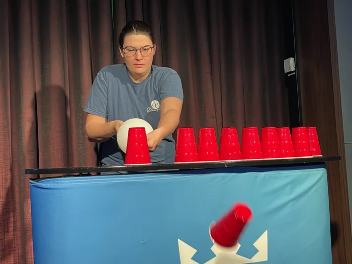 Plastic cups used in the cup stacking and balloon-blowing challenges
