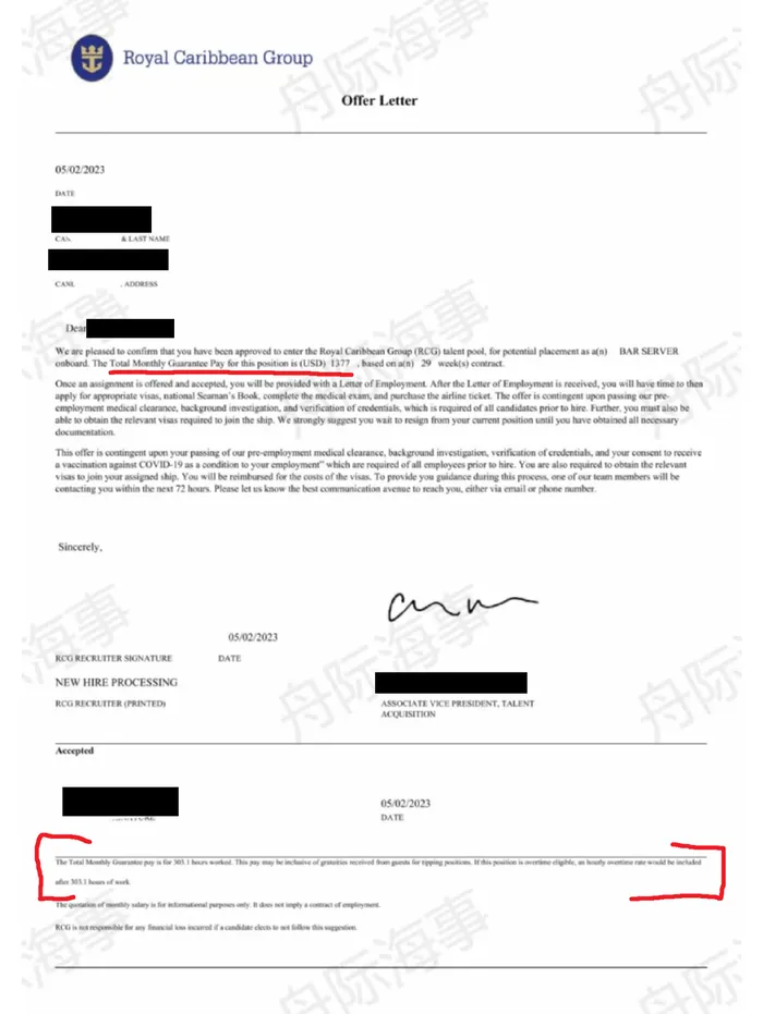 Leaked May 2023 Royal Caribbean Group bar server offer letter showing a $1,377 monthly guarantee for a 29-week contract