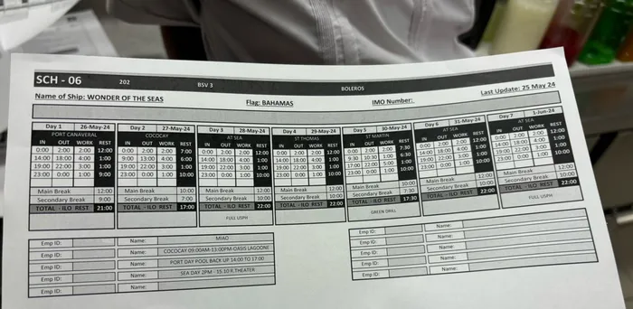 Leaked Wonder of the Seas Boleros bar server schedule for May 26 to June 1, 2024, showing 10-hour days