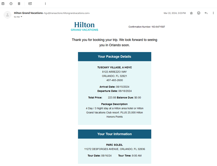Confirmation email for the Hilton Grand Vacations timeshare presentation