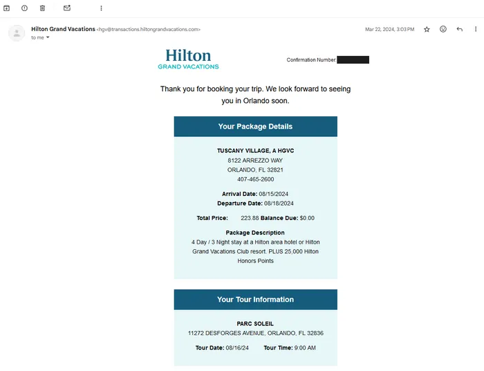 Confirmation email for the Hilton Grand Vacations timeshare presentation