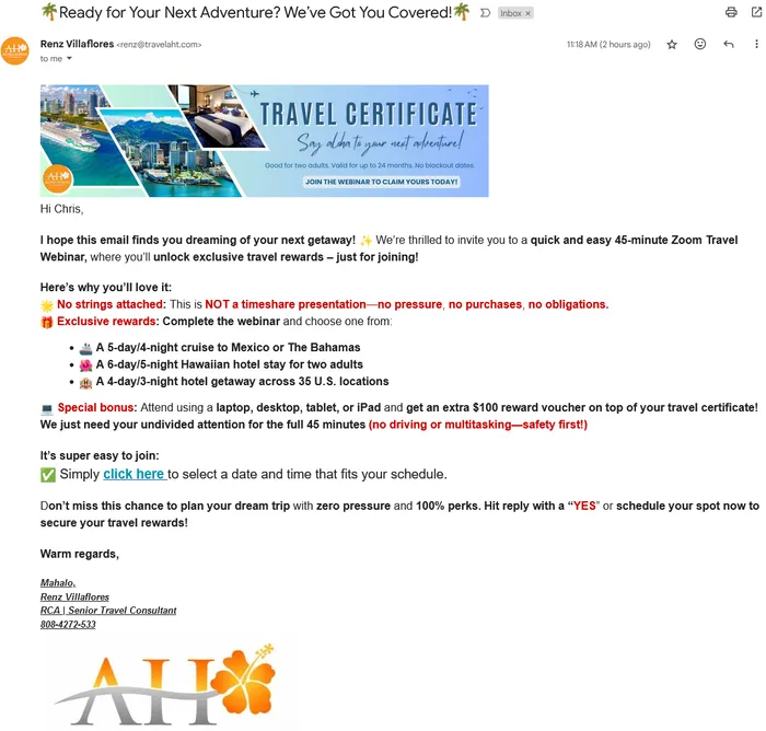 Aloha Hawaii Tours webinar invitation email promising free rewards