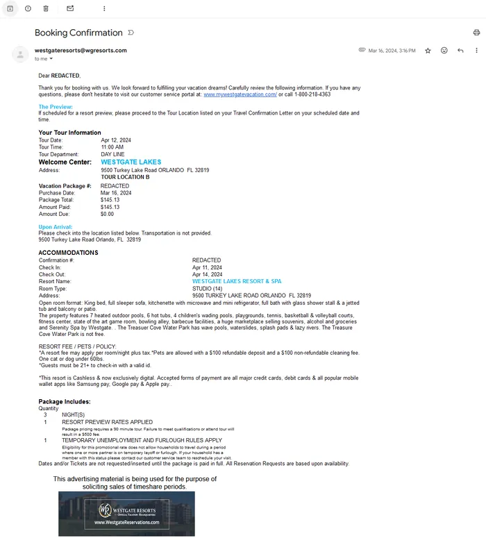Confirmation email for the Westgate Lakes timeshare presentation offer
