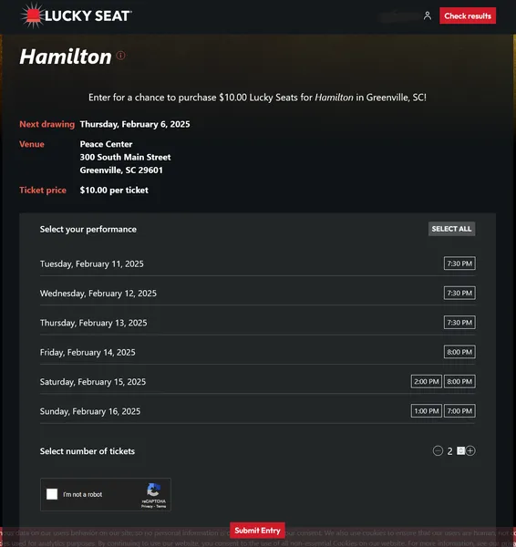 Lucky Seat lottery entry form for selecting ticket preferences