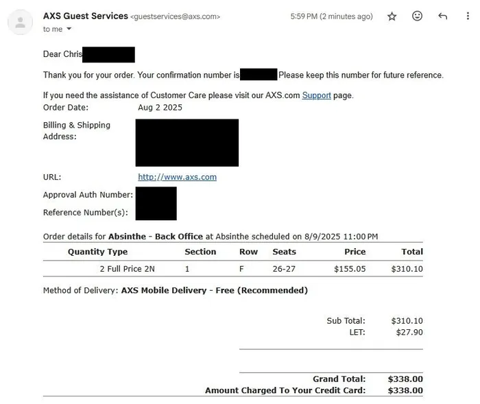 Phone order confirmation showing $338 total for two equivalent Absinthe tickets