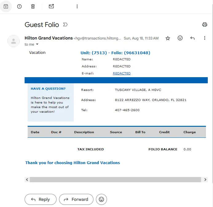 Tuscany Village guest folio showing a $0.00 balance with tax included