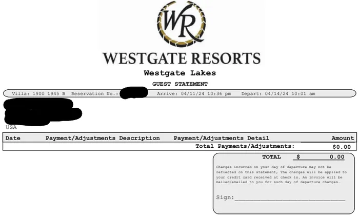 Westgate Lakes guest statement showing a $0.00 balance at checkout