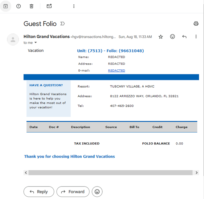 Final hotel folio showing the effective $75 cost after Hilton Honors Points