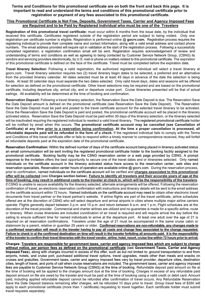 Full terms and conditions certificate, front page