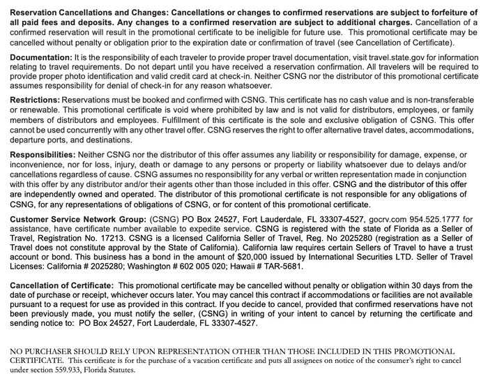 Full terms and conditions certificate, back page