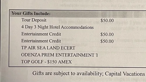The $300 AmEx gift card received after the Capital Vacations presentation