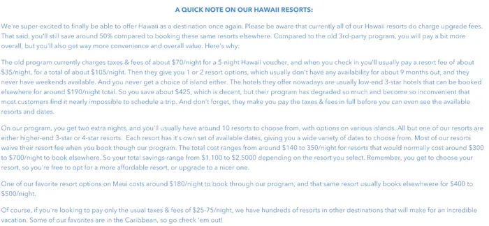 Orb.co's Hawaii booking page disclaimer shown again at the time of redemption