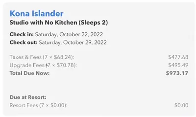 Order summary showing upgrade costs for a Hawaii resort stay booked through Orb.co