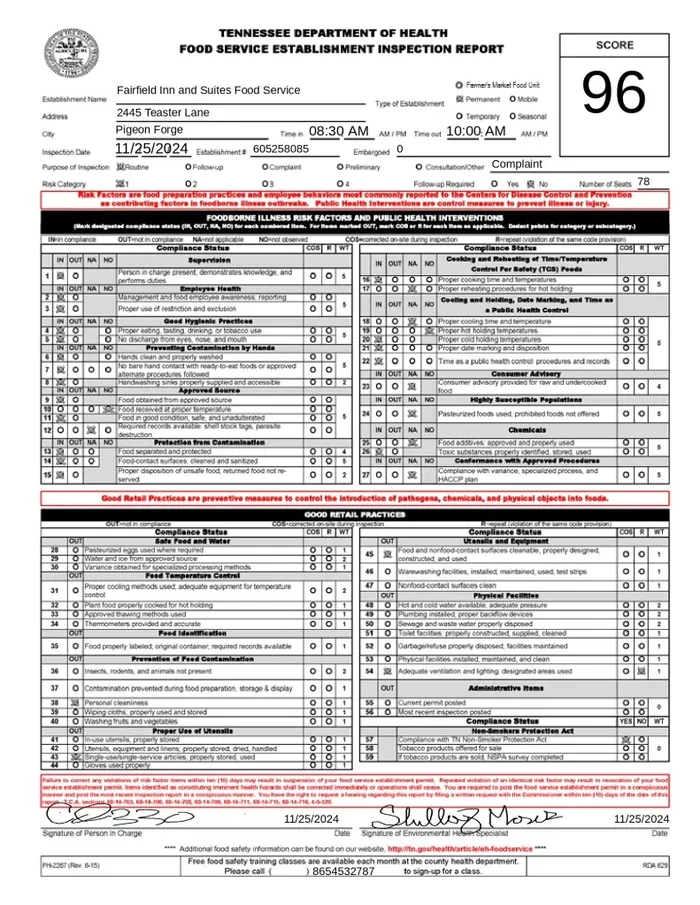 Tennessee Department of Health inspection report for the hotel, page 1