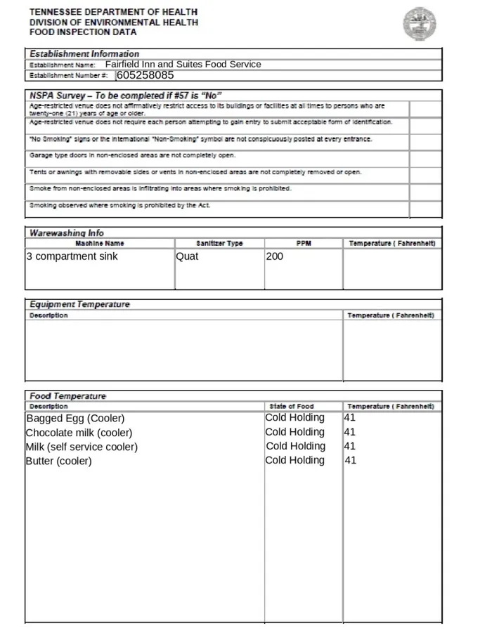 Tennessee Department of Health inspection report for the hotel, page 2