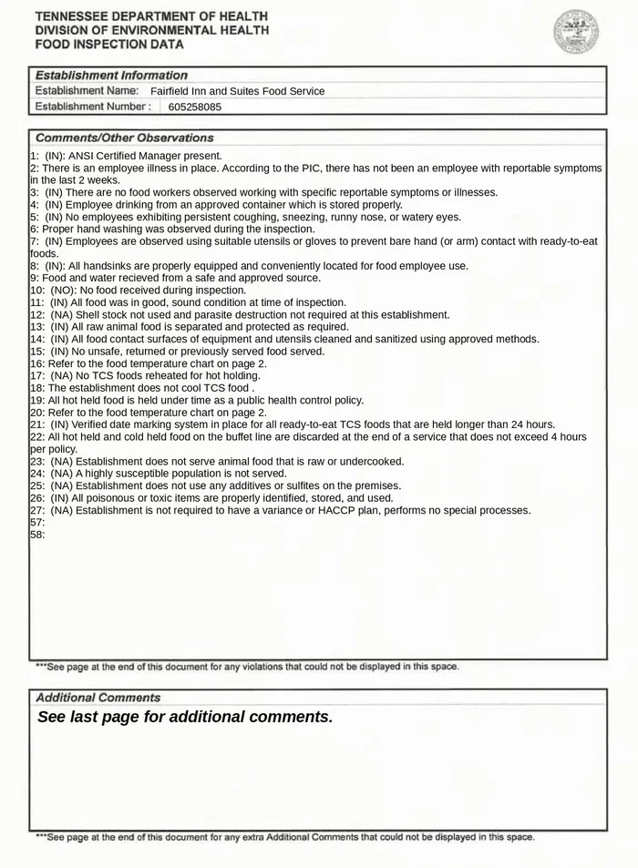 Tennessee Department of Health inspection report for the hotel, page 3