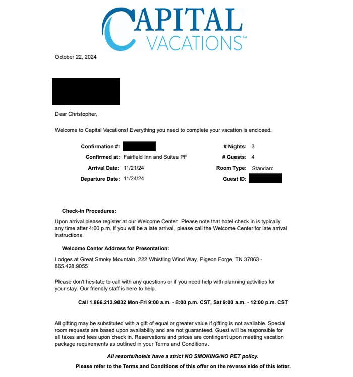 Capital Vacations confirmation letter for the Fairfield Inn and Suites Pigeon Forge stay