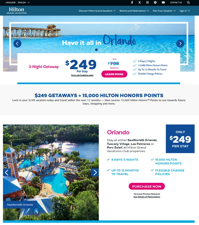Hilton Grand Vacations Orlando offer: 3 nights for $249 plus 15,000 Hilton Honors points