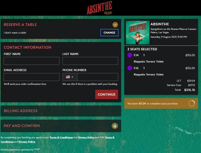 Online checkout showing $376.76 total for two Absinthe tickets after fees