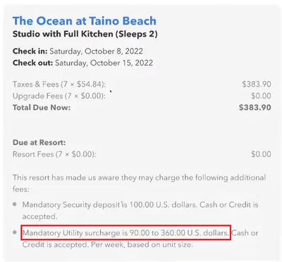 Order summary showing the mandatory utility surcharge added to an Orb.co booking