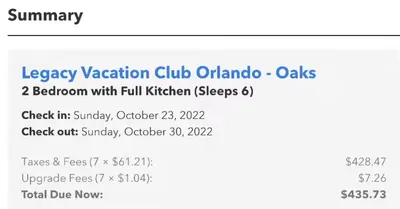 Order summary showing taxes and fees for an Orlando resort stay booked through Orb.co