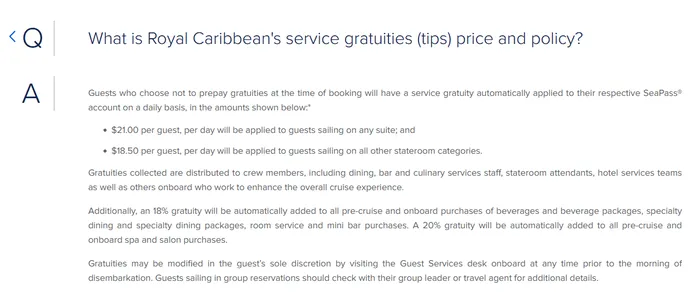 Royal Caribbean's 2024 gratuity policy page listing $18.50 per day for staterooms and $21.00 for suites