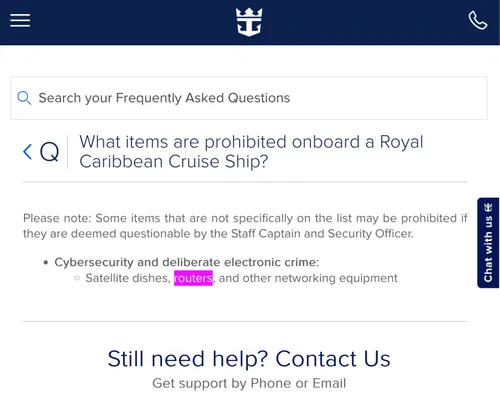 Lista de artículos prohibidos de Royal Caribbean mostrando las restricciones de equipo de red