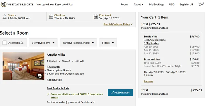 Normal rack rate showing $725.61 for a 3-night stay at Westgate Lakes Resort