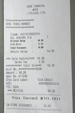 Shoe Carnival receipt showing a $10 price match discount