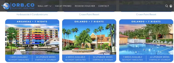 List of resort options available through an Orb.co travel voucher