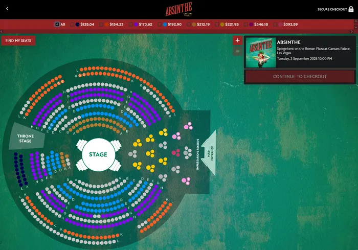 Absinthe seating chart with tiered pricing by section