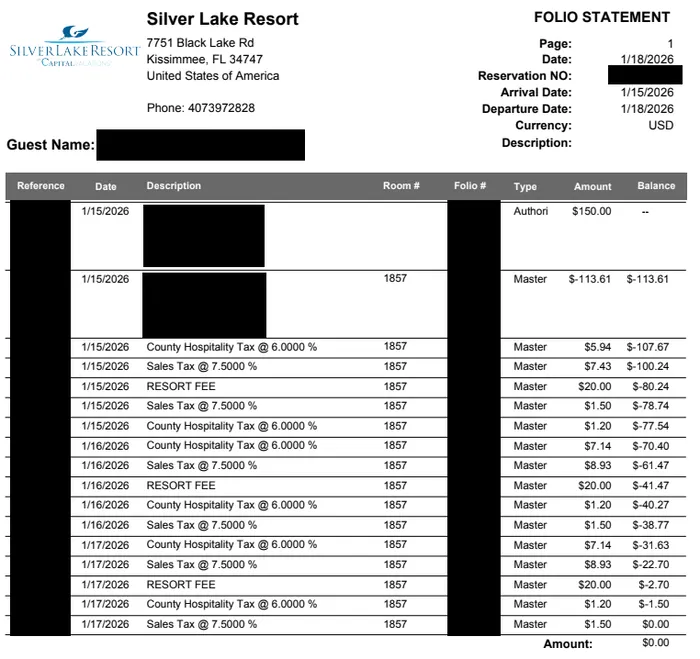 Hotel folio showing $113.61 in taxes and fees at Silver Lake Resort check-in