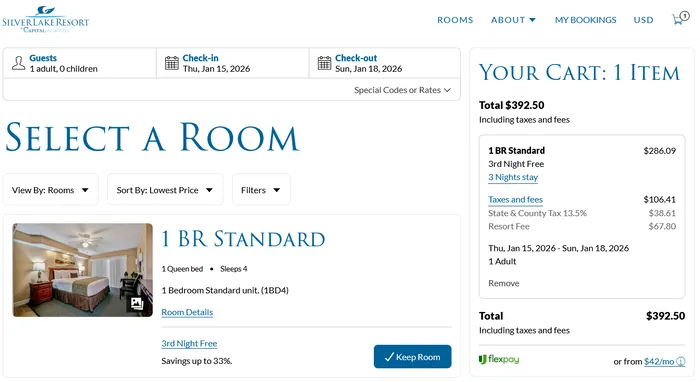 Normal rack rate of $392.50 for the 1-bedroom condo at Silver Lake Resort